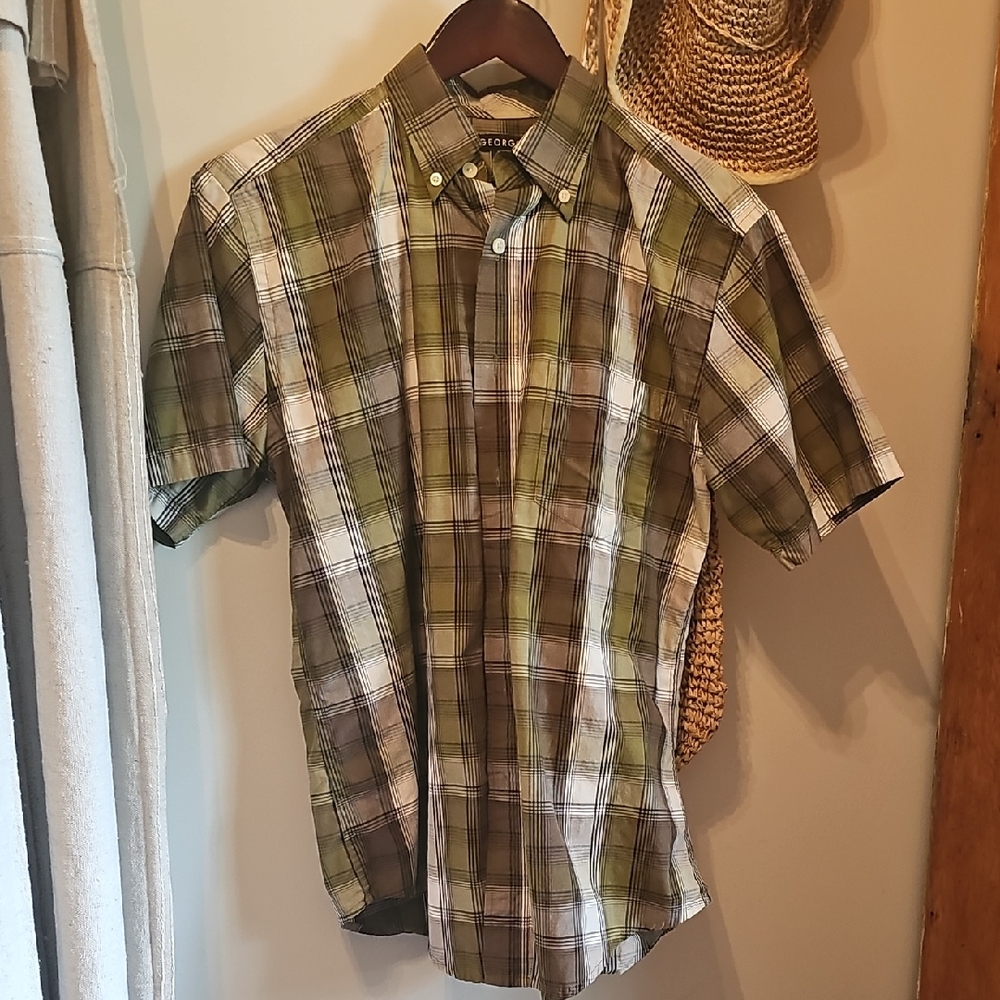 Nordstrom Olive and White Plaid Button Down Shirt Mens